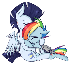 Size: 2091x1883 | Tagged: safe, artist:littlecloudie, imported from derpibooru, rainbow dash, soarin', pony, the cutie re-mark, alternate timeline, amputee, apocalypse dash, athletic tape, augmented, backwards cutie mark, crystal war timeline, cute, dashabetes, eyes closed, female, floppy ears, hug, leg wraps, male, prosthetic limb, prosthetic wing, prosthetics, scar, shipping, smiling, soarinbetes, soarindash, straight, torn ear