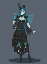 Size: 800x1067 | Tagged: safe, artist:yutaila, imported from derpibooru, queen chrysalis, human, clothes, dress, female, humanized, smiling, solo