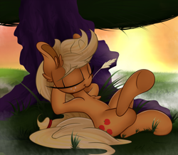 Size: 2000x1742 | Tagged: safe, artist:madacon, imported from derpibooru, applejack, ear fluff, eyes closed, female, on back, relaxing, solo, straw, sunset, tree