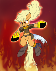 Size: 1280x1629 | Tagged: safe, artist:heir-of-rick, imported from derpibooru, applejack, daily apple pony, appleyang, crossover, ember celica, female, red eyes, rwby, semblance, solo, yang xiao long