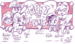 Size: 2400x1421 | Tagged: safe, artist:dilarus, deleted from derpibooru, imported from derpibooru, applejack, fluttershy, pinkie pie, rainbow dash, rarity, twilight sparkle, alicorn, pony, meet-the-pones, abuse, female, logo, mane six, mare, twilight sparkle (alicorn)