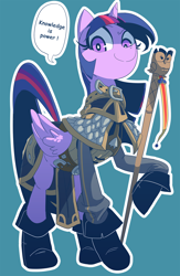 Size: 1300x2000 | Tagged: safe, artist:cakewasgood, imported from derpibooru, owlowiscious, twilight sparkle, alicorn, pony, archmage khadgar, clothes, crossover, female, khadgar, looking at you, mare, raised hoof, smiling, solo, staff, twilight sparkle (alicorn), warcraft, world of warcraft