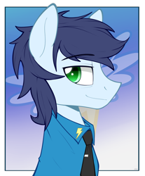 Size: 826x1000 | Tagged: safe, artist:higgly-chan, imported from derpibooru, soarin', pegasus, pony, alternate hairstyle, male, portrait, simple background, smiling, solo, stallion, wonderbolts dress uniform