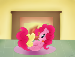 Size: 4000x3000 | Tagged: safe, artist:fluttair, imported from derpibooru, pinkie pie, clothes, ear fluff, female, fireplace, on back, socks, solo, tongue out