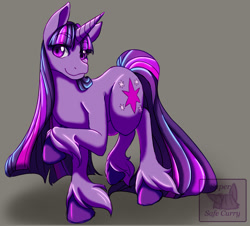Size: 1104x1000 | Tagged: safe, artist:pastel-pony-pictures, imported from derpibooru, twilight sparkle, pony, unicorn, female, long mane, long tail, looking at you, mare, raised hoof, raised leg, smiling, solo, unicorn twilight, unshorn fetlocks