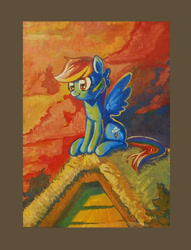 Size: 508x664 | Tagged: safe, artist:lexx2dot0, imported from derpibooru, rainbow dash, cute, dashabetes, female, gouache, painting, roof, rooftop, scenery, solo, traditional art