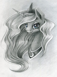 Size: 800x1069 | Tagged: safe, artist:maytee, imported from derpibooru, princess luna, alicorn, pony, female, grayscale, monochrome, portrait, smiling, solo, traditional art