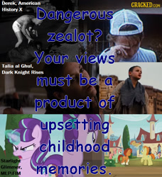 Size: 541x592 | Tagged: safe, imported from derpibooru, starlight glimmer, the cutie re-mark, american history x, blue text, cliche, cracked.com, dark knight, stereotype, talia al ghul, text
