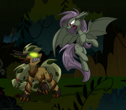 Size: 1600x1400 | Tagged: safe, artist:hoshinousagi, imported from derpibooru, applejack, fluttershy, bat pony, original species, pony, timber pony, timber wolf, bat ponified, fight, flutterbat, race swap, species swap, timber wolfified, timberjack, vs.