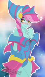 Size: 580x1000 | Tagged: safe, artist:appletaffy, artist:zombies-pudding, imported from derpibooru, oc, oc only, oc:satchel charge, anthro, blushing, dark magician girl, solo, yu-gi-oh!