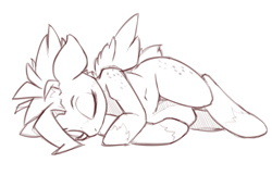 Size: 1280x822 | Tagged: safe, artist:qweeli, imported from derpibooru, oc, oc only, oc:ruby rustfeather, pegasus, pony, butt freckles, eyes closed, female, freckles, monochrome, on side, shoulder freckles, side, sketch, sleeping, solo