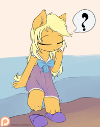 Size: 1100x1400 | Tagged: safe, artist:alasou, imported from derpibooru, applejack, anthro, plantigrade anthro, bed, chibi, clothes, cute, eyes closed, female, jackabetes, morning ponies, pajamas, patreon, patreon logo, pictogram, question mark, slippers, solo, speech bubble