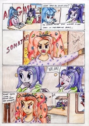 Size: 2434x3451 | Tagged: safe, artist:40kponyguy, derpibooru exclusive, imported from derpibooru, adagio dazzle, aria blaze, sonata dusk, equestria girls, christmas, christmas treedagio, comic, laughing, spit take, the dazzlings, traditional art