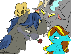 Size: 800x605 | Tagged: safe, artist:rutkotka, imported from derpibooru, discord, oc, oc:ilovekimpossiblealot, oc:sharpie fume, bat pony, pony, bedroom eyes, fangs, flower, flower in mouth, jealous, m.a. larson, mouth hold, rose, shipping, simple background, white background