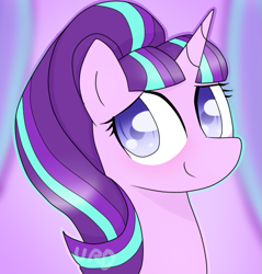 Size: 573x600 | Tagged: safe, artist:ultrard, imported from derpibooru, starlight glimmer, pony, unicorn, bust, colored pupils, cute, female, glimmerbetes, looking at you, mare, portrait, signature, smiling, solo