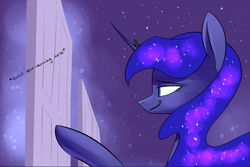 Size: 1280x856 | Tagged: safe, artist:underpable, imported from derpibooru, princess luna, just another luna blog, descriptive noise, door, female, smiling, solo