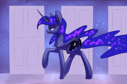 Size: 1280x855 | Tagged: safe, artist:underpable, imported from derpibooru, princess luna, just another luna blog, door, female, smiling, solo, walking