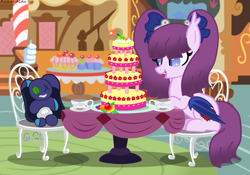 Size: 1801x1260 | Tagged: safe, artist:asika-aida, imported from derpibooru, oc, oc only, oc:lunarella, bat pony, pony, cake, food, pigtails, plushie, solo, sugarcube corner, table, tea party, teacup