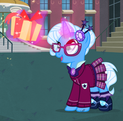 Size: 900x882 | Tagged: safe, artist:pixelkitties, imported from derpibooru, trixie, pony, unicorn, alternate hairstyle, canterlot high, clothes, crystal prep academy uniform, cute, diatrixes, female, gem, glasses, high heels, jewel, levitation, magic, mare, open mouth, present, school uniform, shoes, skirt, socks, solo, sweater, telekinesis