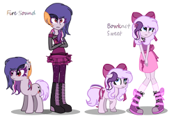 Size: 3760x2563 | Tagged: safe, artist:asika-aida, imported from derpibooru, oc, oc only, oc:bowknot sweet, oc:fire sound, equestria girls, boots, bow, clothes, ear piercing, equestria girls-ified, hair bow, human ponidox, makeup, mother and daughter, pantyhose, piercing, ponified, skirt, socks, stockings