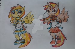 Size: 1024x675 | Tagged: safe, artist:tobiisabunny, imported from derpibooru, spitfire, oc, oc:daybreak flare, alicorn, pegasus, pony, semi-anthro, alicorn oc, blushing, sailor moon, sailor scout, sailor uniform, traditional art, watermark