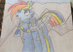 Size: 800x567 | Tagged: safe, artist:vazquezg19, imported from derpibooru, rainbow dash, pegasus, pony, alternate timeline, apocalypse dash, clothes, crystal war timeline, female, scar, torn ear, uniform