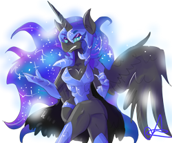 Size: 3500x2900 | Tagged: safe, artist:rayadra, imported from derpibooru, nightmare moon, anthro, dragon, armor, cleavage, dragonified, female, solo