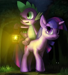 Size: 1024x1132 | Tagged: safe, artist:murskme, imported from derpibooru, spike, twilight sparkle, lantern, night