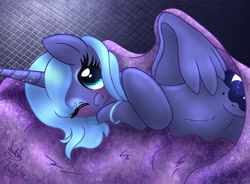 Size: 1220x900 | Tagged: safe, artist:joakaha, imported from derpibooru, princess luna, alicorn, pony, blanket, blushing, cute, female, filly, lunabetes, lying down, one eye closed, s1 luna, solo, wink, woona