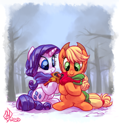 Size: 1280x1350 | Tagged: safe, artist:whitediamonds, imported from derpibooru, applejack, rarity, bird, cardinal, earth pony, pony, unicorn, clothes, female, freckles, lesbian, mare, rarijack, rarijack daily, scarf, scenery, shipper on deck, shipping, sitting, smiling, snow