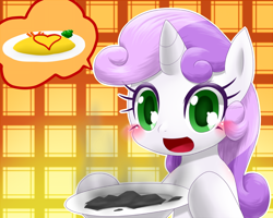 Size: 700x560 | Tagged: safe, artist:hashioaryut, imported from derpibooru, sweetie belle, pony, unicorn, :d, abstract background, blush sticker, blushing, coal, colored pupils, cute, diasweetes, female, filly, happy, hoof hold, looking at you, omelette, pictogram, pixiv, solo, speech bubble, sweetie belle can't cook, sweetie fail