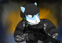 Size: 1500x1050 | Tagged: safe, artist:marcoon1305, imported from derpibooru, oc, oc only, oc:solar chaser, anthro, ar-15, ar15, camouflage, digital camouflage, gun, reflex sight, rifle, solar chaser, solo, weapon