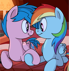 Size: 10000x10336 | Tagged: safe, artist:smiba11, artist:sorcerushorserus, imported from derpibooru, firefly, rainbow dash, comic:dash academy, absurd resolution, cropped, cute, dashfly, duo, eye contact, female, g1, holding hooves, lesbian, prone, shipping, smiling