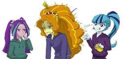 Size: 870x418 | Tagged: safe, artist:ta-na, imported from derpibooru, adagio dazzle, aria blaze, sonata dusk, equestria girls, rainbow rocks, angry, french fries, korean, licking lips, lip bite, messy hair, smiling, sweatdrop, the dazzlings, tongue out, twilight scepter