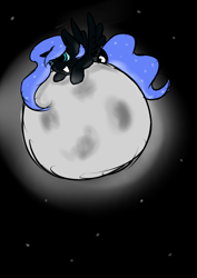 Size: 2480x3508 | Tagged: safe, artist:muserkikki, imported from derpibooru, nightmare moon, :d, chibi, female, moon, prone, solo, spread wings, tangible heavenly object