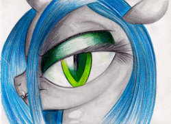 Size: 1494x1080 | Tagged: dead source, safe, artist:fladdrarblyg, artist:flutterstormreturns, imported from derpibooru, queen chrysalis, changeling, changeling queen, female, portrait, sneer, solo, traditional art