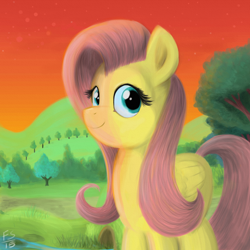 Size: 1754x1754 | Tagged: safe, artist:fladdrarblyg, artist:flutterstormreturns, imported from derpibooru, fluttershy, pegasus, pony, female, folded wings, looking at you, smiling, solo, sunrise