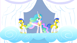 Size: 1366x768 | Tagged: safe, imported from derpibooru, screencap, princess celestia, alicorn, pegasus, pony, sonic rainboom (episode), balcony, cloudiseum, female, male, mare, pegasus royal guard, royal guard, stallion, waving