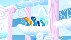 Size: 1366x768 | Tagged: safe, imported from derpibooru, screencap, misty fly, soarin', spitfire, pegasus, pony, sonic rainboom (episode), balcony, clothes, cloud, cloudiseum, female, goggles, male, mare, stallion, trio, uniform, wonderbolts, wonderbolts uniform