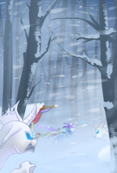 Size: 1181x1748 | Tagged: safe, artist:underpable, imported from derpibooru, trixie, changeling, pony, unicorn, blizzard, female, mare, snow, snowfall