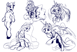 Size: 3048x2048 | Tagged: safe, artist:nadnerbd, imported from derpibooru, princess celestia, twilight sparkle, pony, semi-anthro, armpits, belly button, bipedal, flying, folded wings, high res, monochrome, raised hoof, raised hooves, sitting, sketch, sketch dump, slim, spread wings, standing, wings