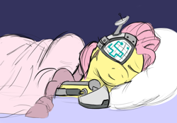 Size: 800x556 | Tagged: safe, artist:jargon scott, imported from derpibooru, fluttershy, cyborg, bed, pillow, simple background, sleeping