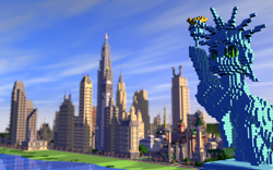 Size: 2560x1600 | Tagged: safe, imported from derpibooru, brohoof.com, city, game screencap, manehattan, minecraft, render, skyscraper, statue, statue of friendship
