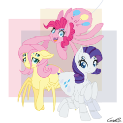 Size: 1000x1000 | Tagged: safe, artist:couchcrusader, imported from derpibooru, fluttershy, pinkie pie, rarity, drider, monster pony, original species, spiderpony, adoracreepy, creepy, cute, rarirachnid, species swap, spider pie, spiderponyrarity, spidershy