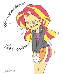 Size: 876x1024 | Tagged: safe, artist:silverwing, artist:sudosnz, edit, imported from derpibooru, sunset shimmer, equestria girls, cleavage, clothes, cute, female, handkerchief, jiggle, jiggling, nostrils, skirt, sneezing, sneezing fetish, tissue