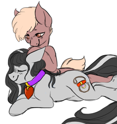 Size: 529x561 | Tagged: safe, artist:cottoncloudy, imported from derpibooru, oc, oc only, oc:cotton cloudy, oc:elijah, earth pony, pony, collar, cuddling, femboy, male, oc x oc, pet play, petting, rule 63, snuggling, straight, submission