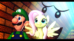 Size: 900x506 | Tagged: safe, artist:illumint, imported from derpibooru, fluttershy, ghost, 3d, 3d model, boo, crossover, hallway, luigi, luigi's mansion, luigishy, sneaking, super mario bros., this will end in tears