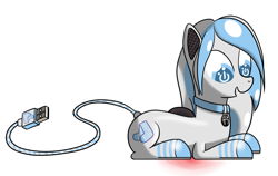 Size: 1900x1200 | Tagged: safe, artist:riokenng3, imported from derpibooru, oc, oc only, oc:stripe shine, pony, robot, robot pony, bell, bell collar, click, collar, commission, computer mouse, transformation, usb, usb cable, usb tail