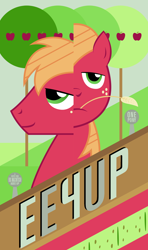 Size: 800x1349 | Tagged: dead source, safe, artist:equestria-election, imported from derpibooru, big macintosh, earth pony, pony, eeyup, male, poster, solo, stallion