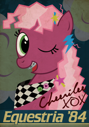 Size: 1000x1423 | Tagged: dead source, safe, artist:equestria-election, imported from derpibooru, cheerilee, 80s, 80s cheerilee, braces, caption, female, poster, signature, solo, wink